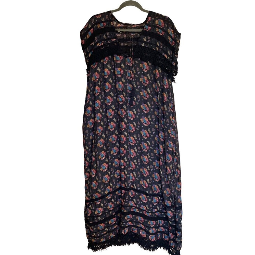 Carolina K Womens Dress Size Small Black Floral Crochet Trim Maxi Pure Viscose